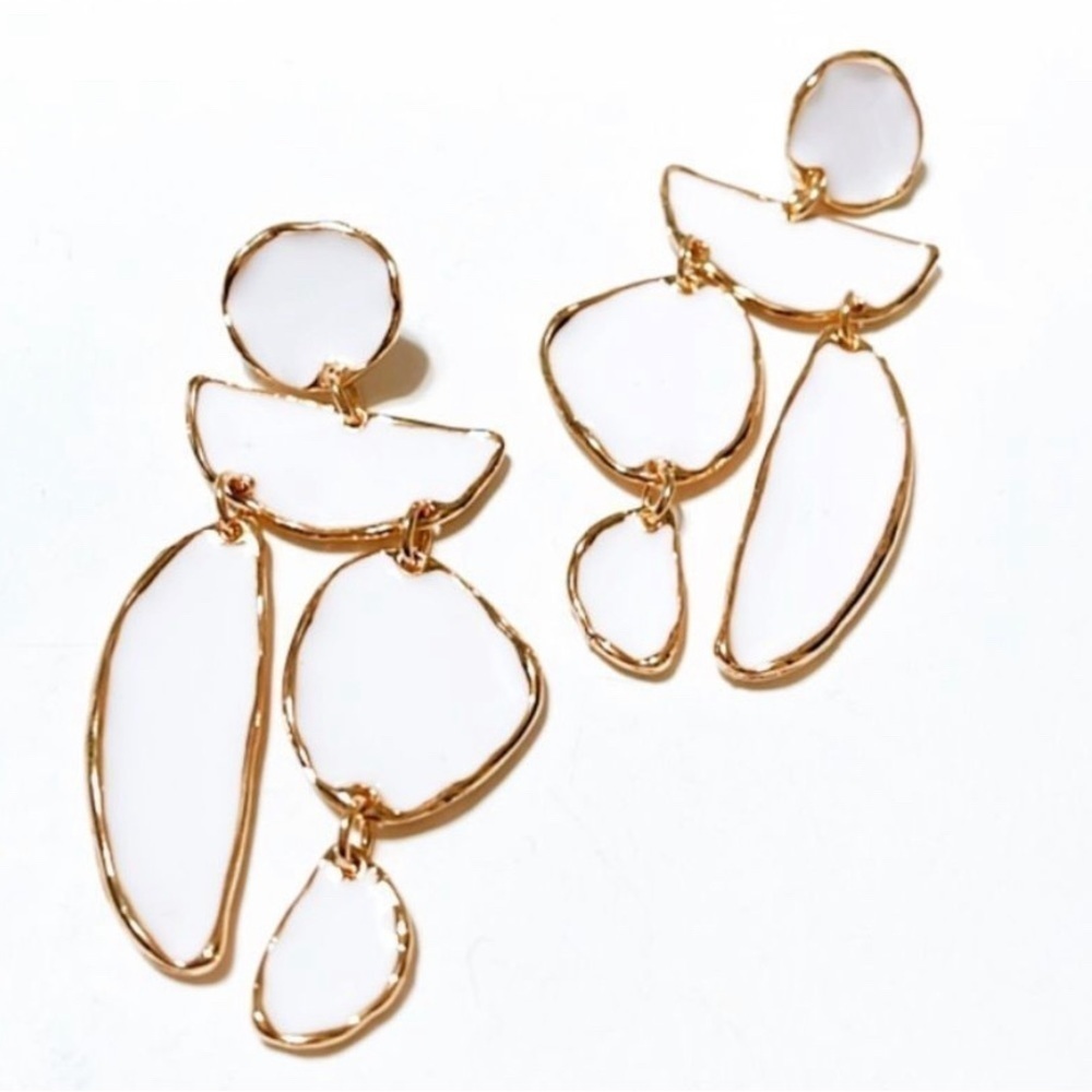 Elegant White Geo Drop Gold Earrings - Picture 10 of 17